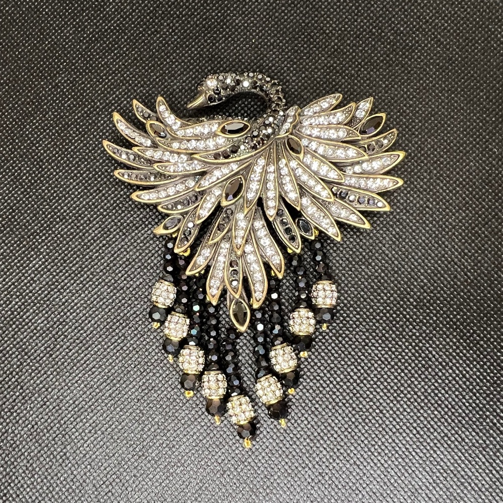 Heidi Daus Large Signed Black Swan Brooch Pin Swarovski Crystal Rhinestones